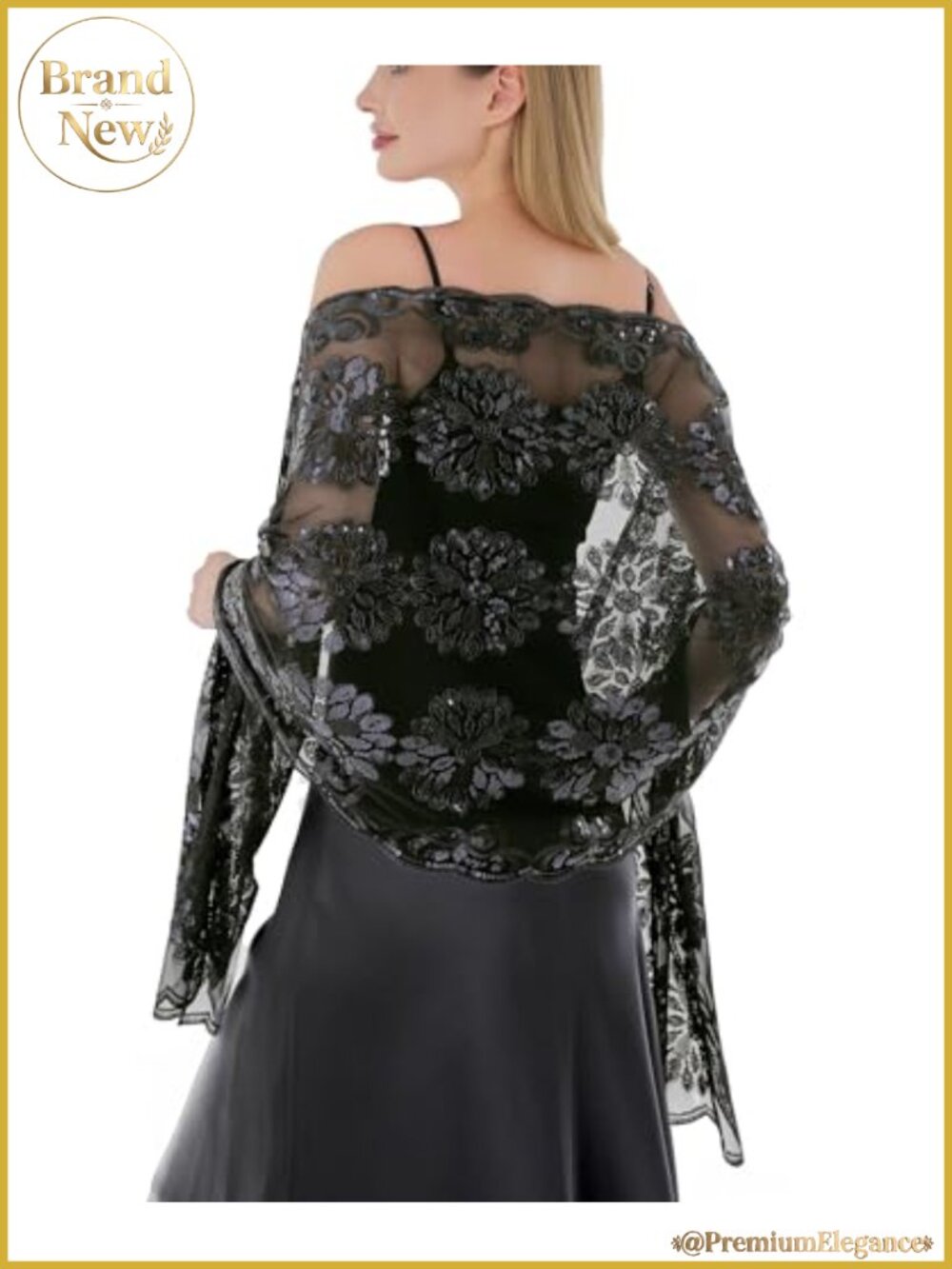 Sequin Floral Lace Shawl Wrap for Evening Dresses, Sheer Chiffon Formal Scarf